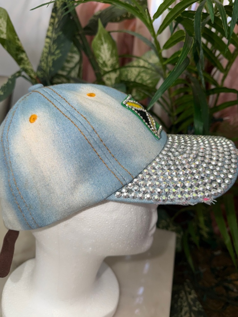 Stylish Denim Cap with Rhinestones and Jamaica ๐ฏ๐ฒ Flag Patch - Picture 13 of 13